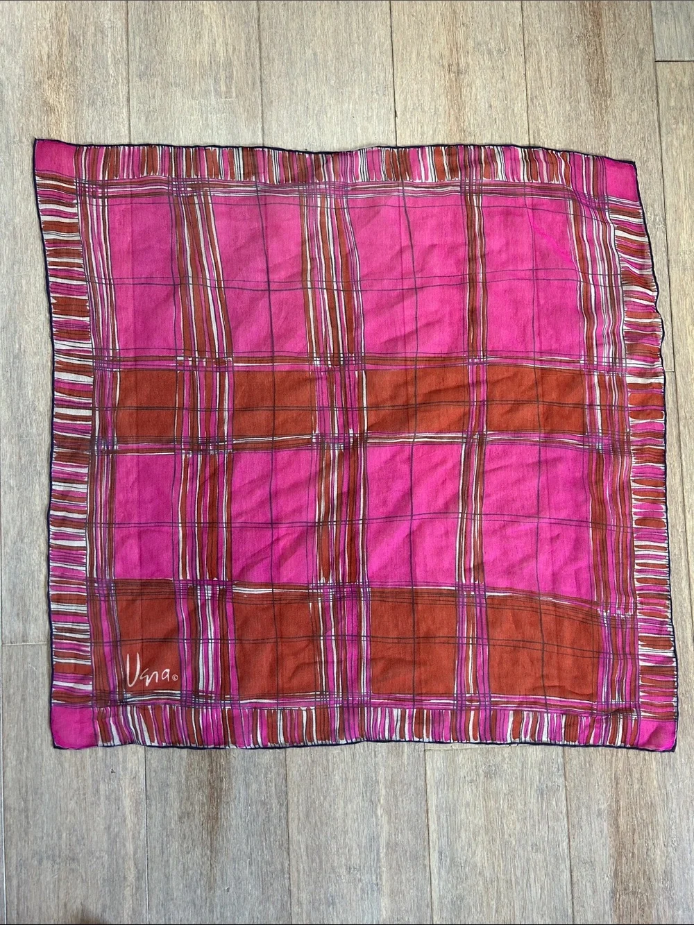 Ugna silk chiffon Vibrant Pink & red Plaid Square Scarf printed look rolled hem